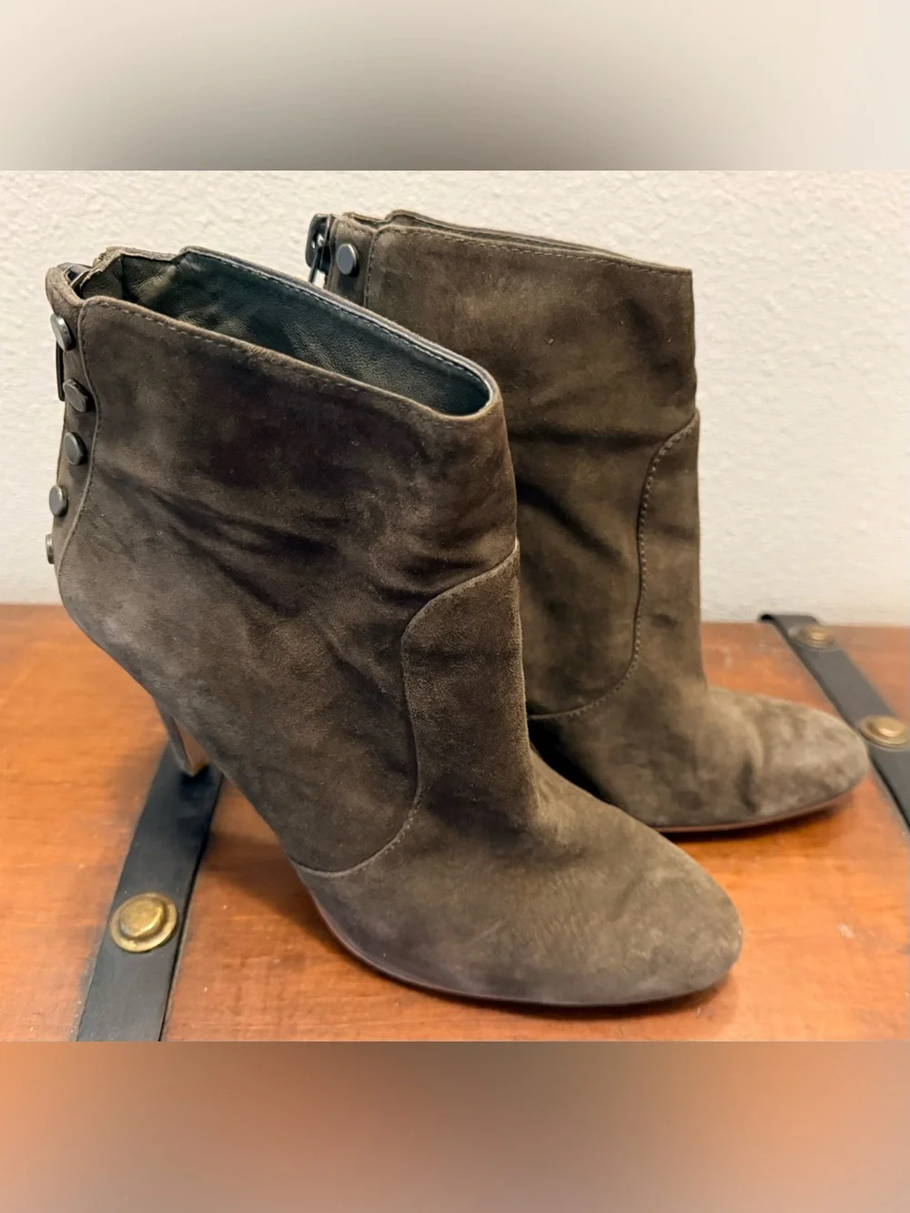Vince Camuto Dark Khaki Suede Ankle Booties with Button Back Detail